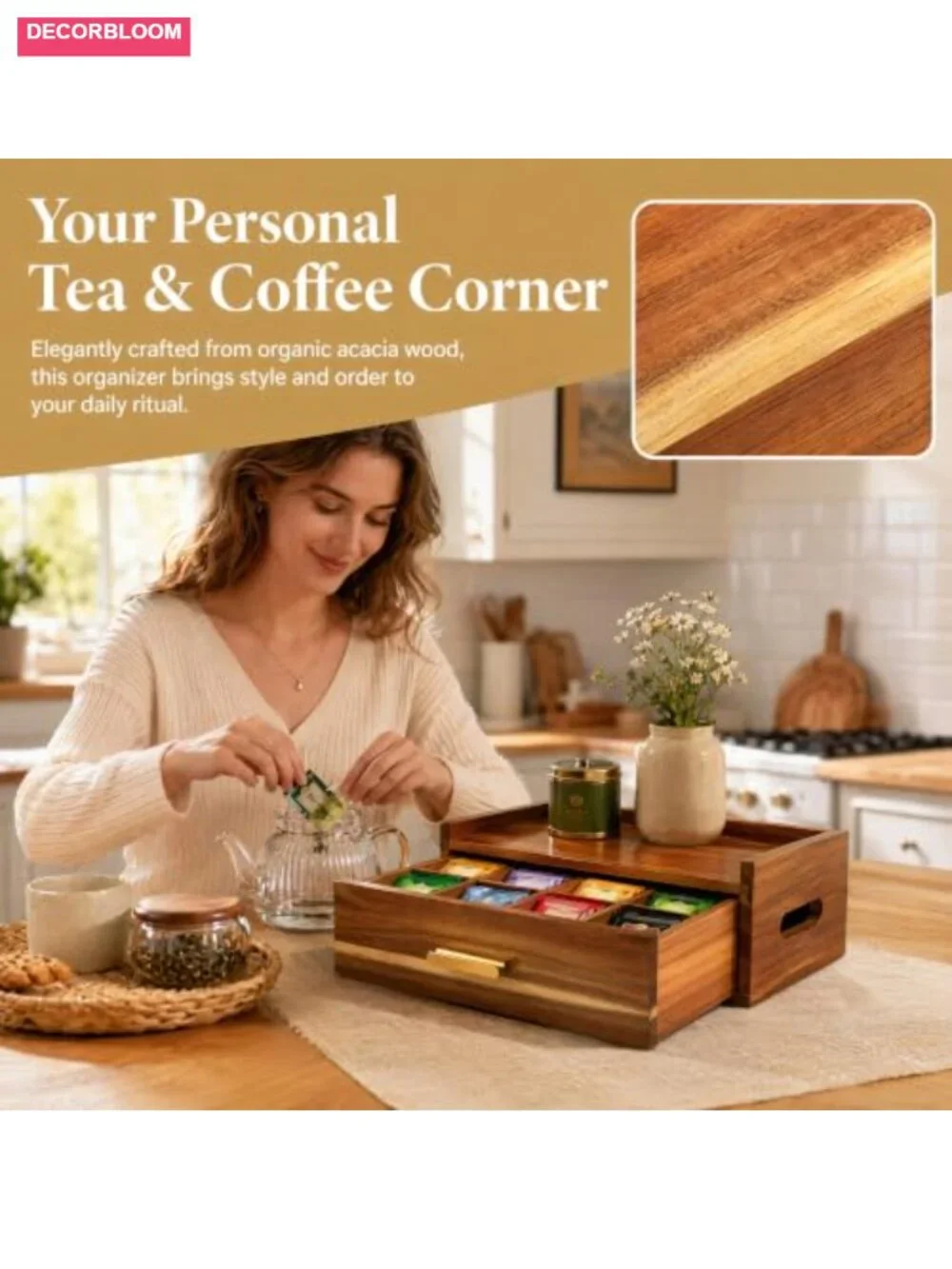 Acacia Wood Tea Bag Organizer Storage Box with Drawer 8 Compartment